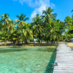 A wooden boardwalk across shallow blue-green water leading towards a palm-fringed beach at Tobacco Caye, Belize
