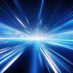 Abstract, futuristic image of blue light streaks radiating outward, giving the impression of rapid movement or traveling at high speed, inspired by the concept of faster-than-light travel
