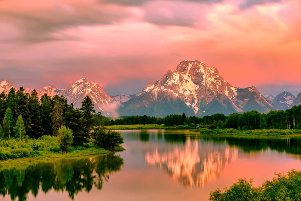 Panoramic view of Grand Teton National Park, Wyoming, under a clear summer sky