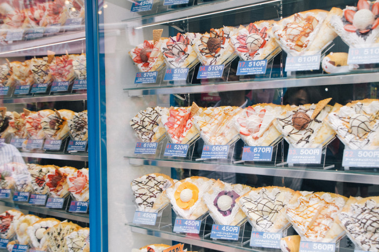 Colorful and decorated crepes, a popular street food in Harajuku, Tokyo.