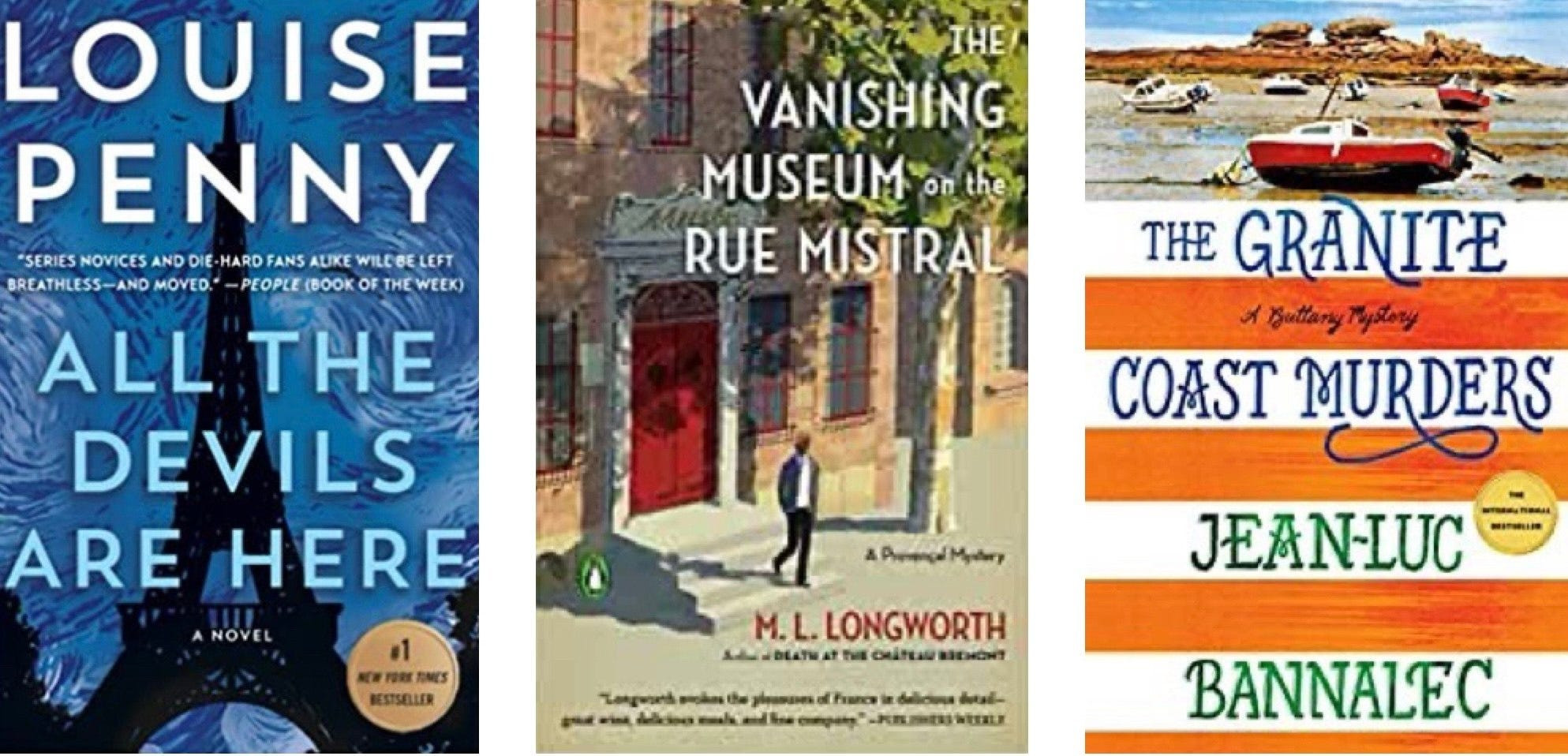 Book cover collage featuring French mystery novels and memoirs, showcasing titles like &quot;All The Devils Are Here&quot; and &quot;My Life in France&quot;.