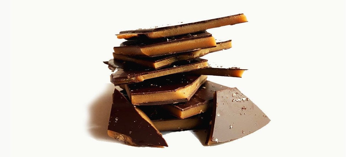Chocolate enrobed English toffee from Mah-ze-dahr, highlighting its rich and decadent appearance.
