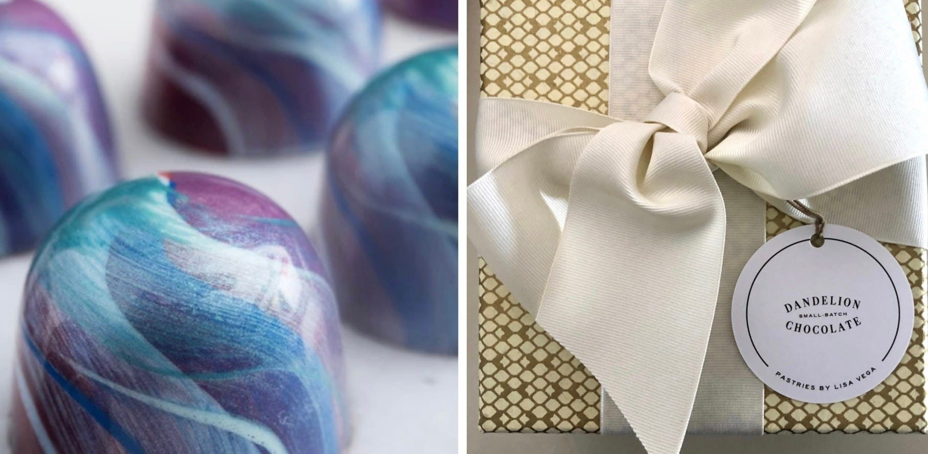 Selection of chocolates from Stick With Me Sweets and Dandelion, showcasing artisanal chocolate creations.