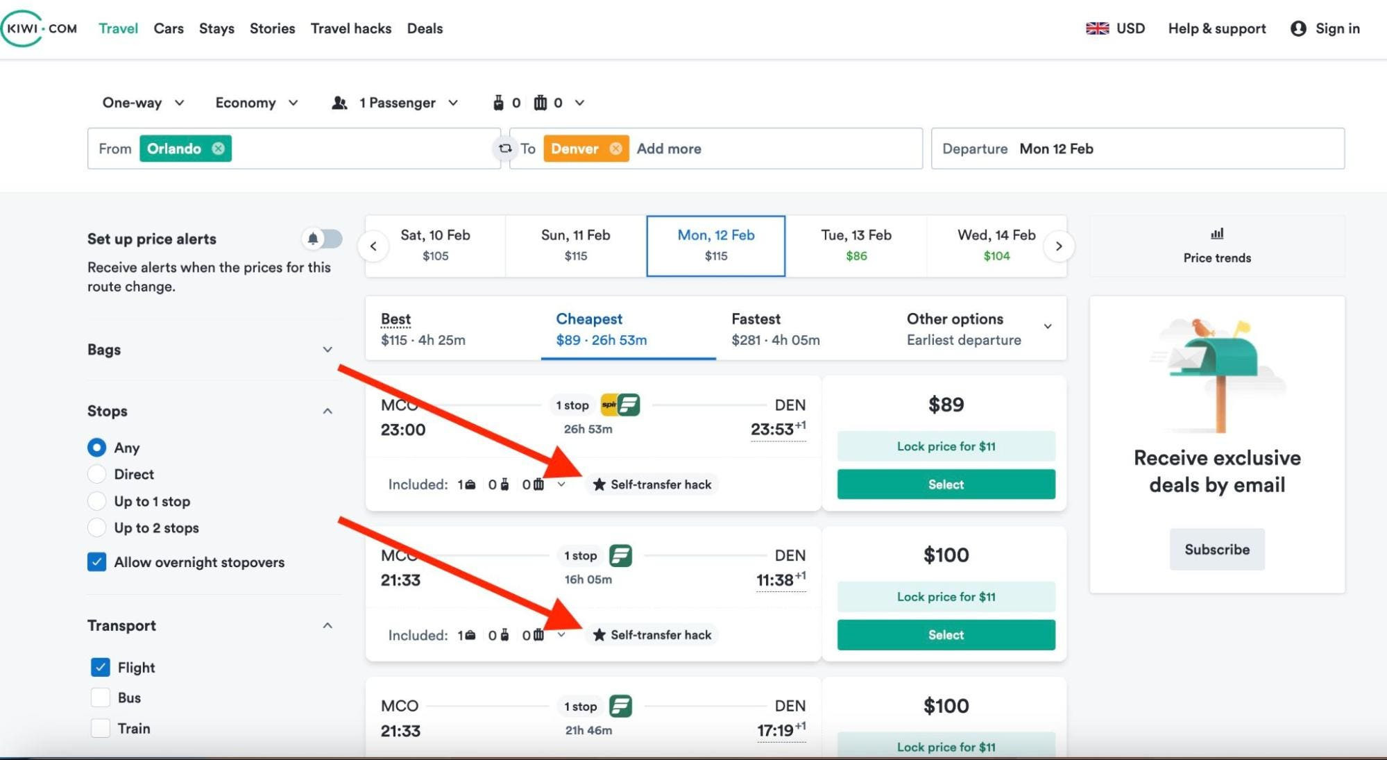 Kiwi.com Interface Showing Flight Search Results