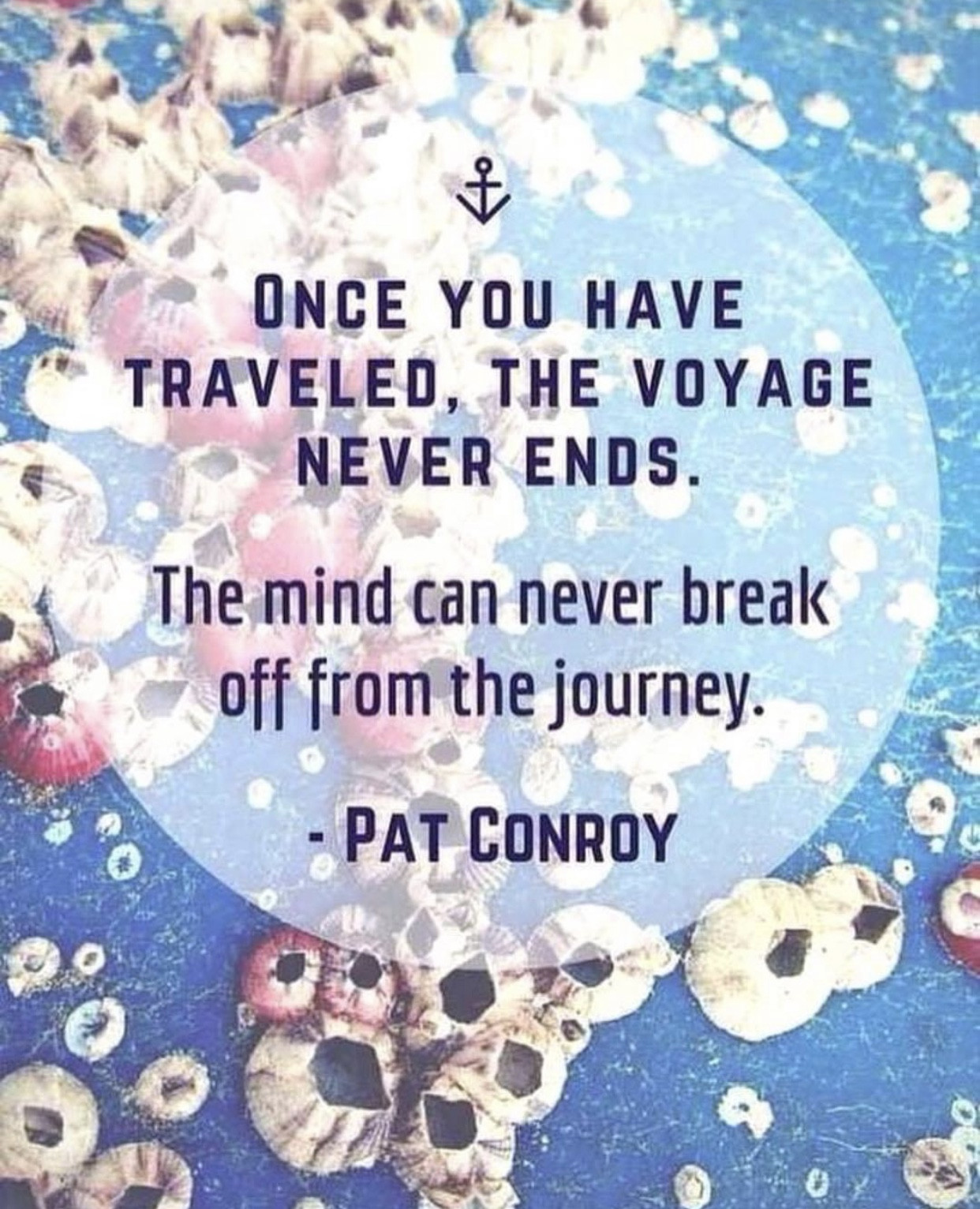 A quote meme by Pat Conroy stating &quot;Once you have traveled, the voyage never ends, but is played out over and over again in the quietest chambers. The mind can never break off from the journey.&quot;, emphasizing the lasting impact of travel experiences on memory and thoughts.