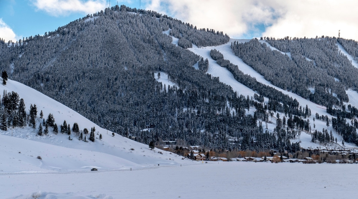 Winter scene in Jackson, Wyoming, featuring snow-capped mountains and residential houses amidst fir trees.
