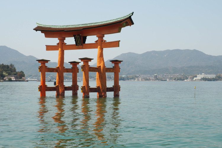 The iconic floating torii gate of Itsukushima Shrine in Miyajima, Japan.