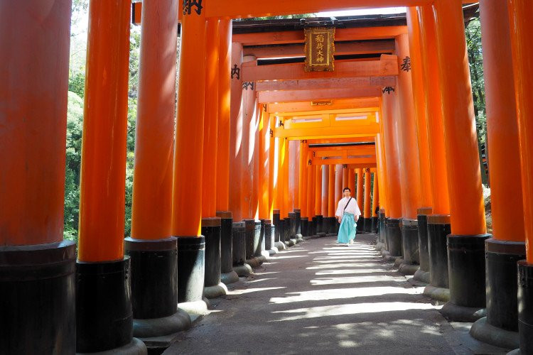 Pathway through the torii gates at Fushimi Inari Shrine, Kyoto, with sunlight streaming through.