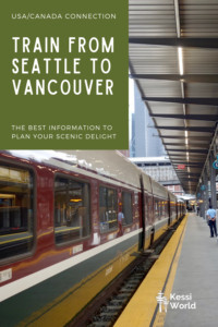 This Pinterest pin shows an Amtrak Cascades train waiting at the station ready to depart from Seattle to Vancouver. There is a thick yellow line on the edge of the platform to inform customers of safety and there is a conductor wearing a blue uniform towards the end of the station.