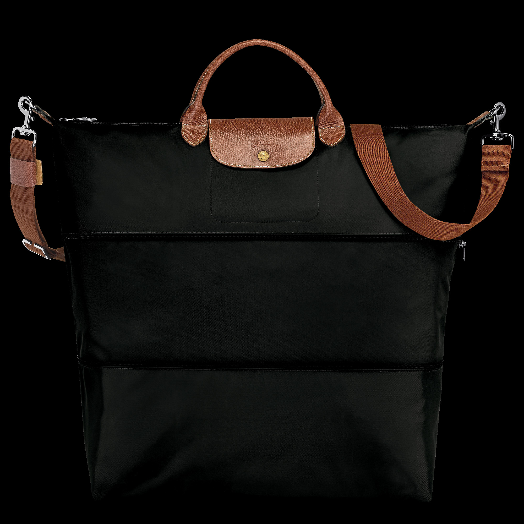 Black Longchamp Le Pliage Expandable Travel Bag made from recycled canvas