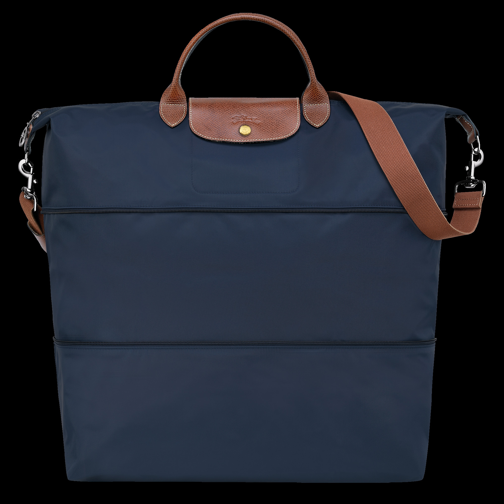 Detailed view of the gold button and leather trim on the Longchamp Expandable Travel Bag
