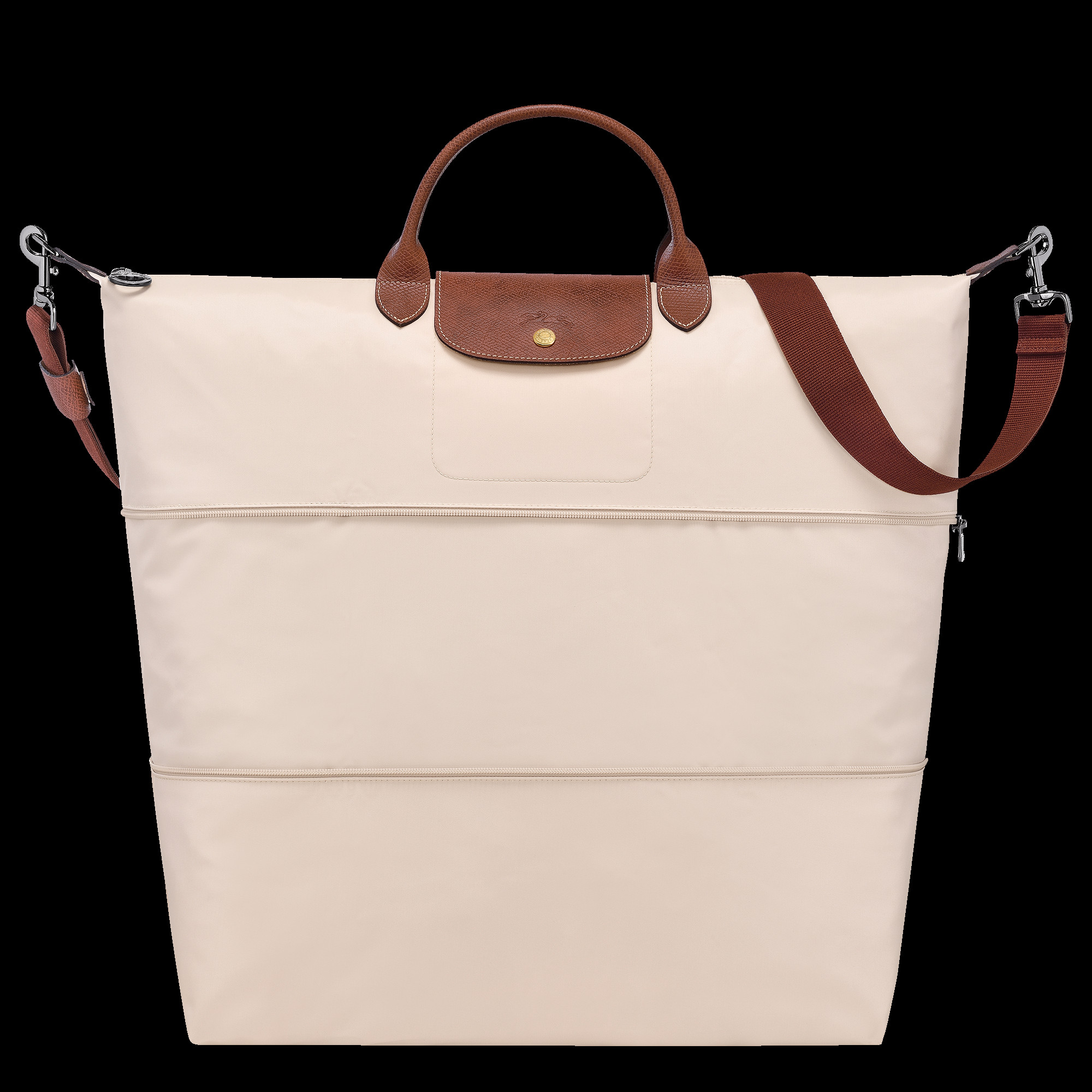 Close-up of the Longchamp Expandable Travel Bag's zipper and snap closure