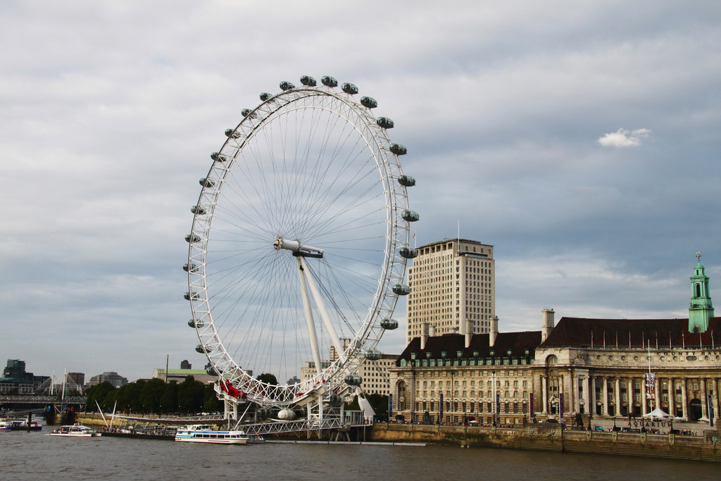 Students exploring London with the London Eye in the background