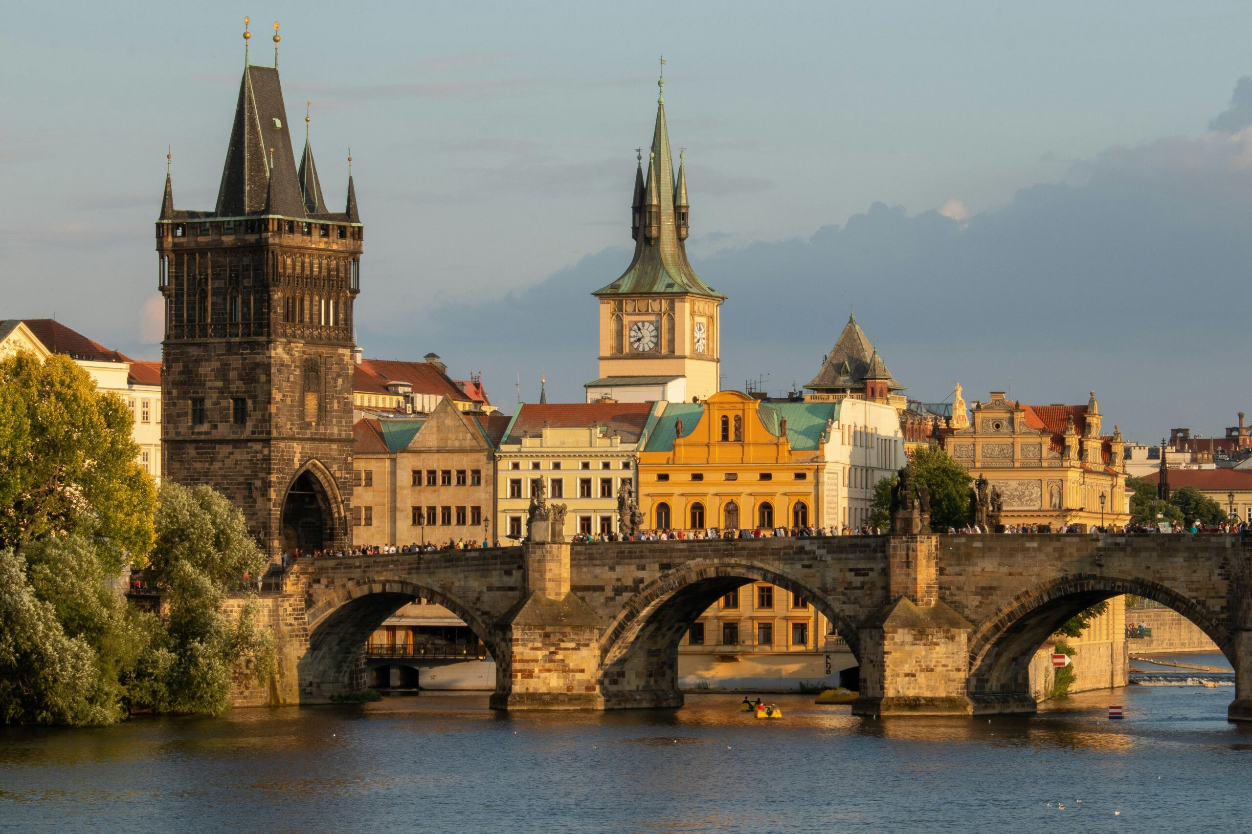 Iconic Charles Bridge in Prague at dusk