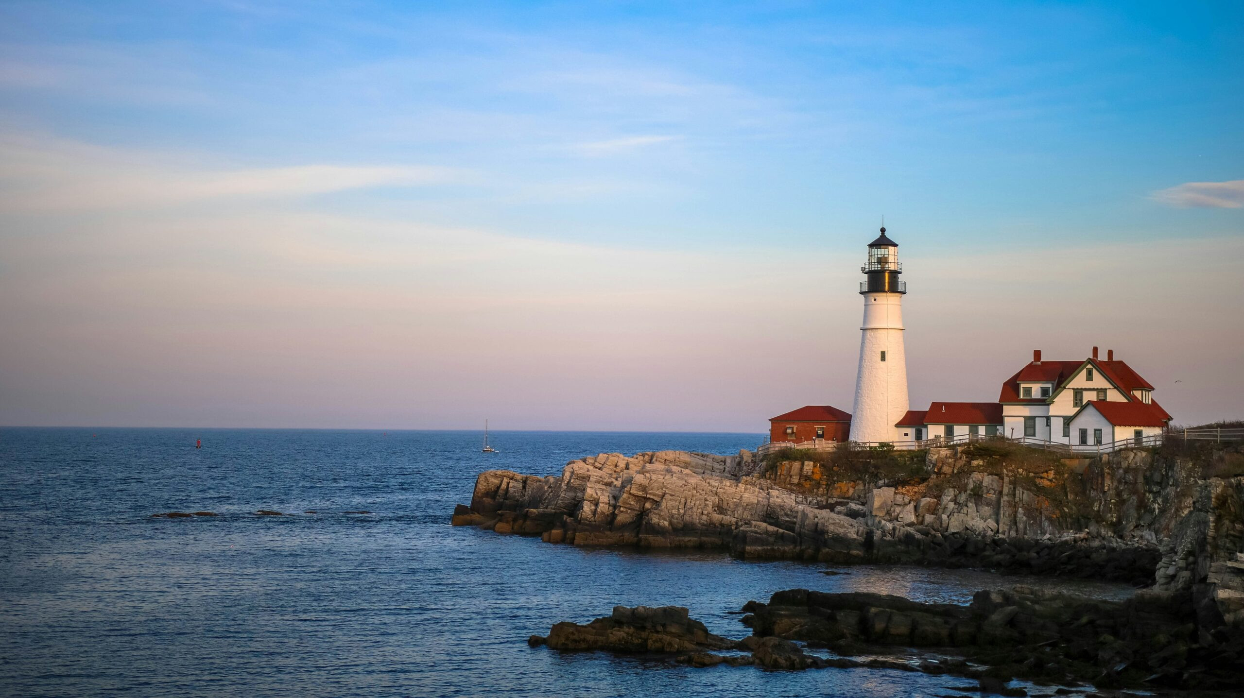 Picturesque lighthouse at sunset in Maine