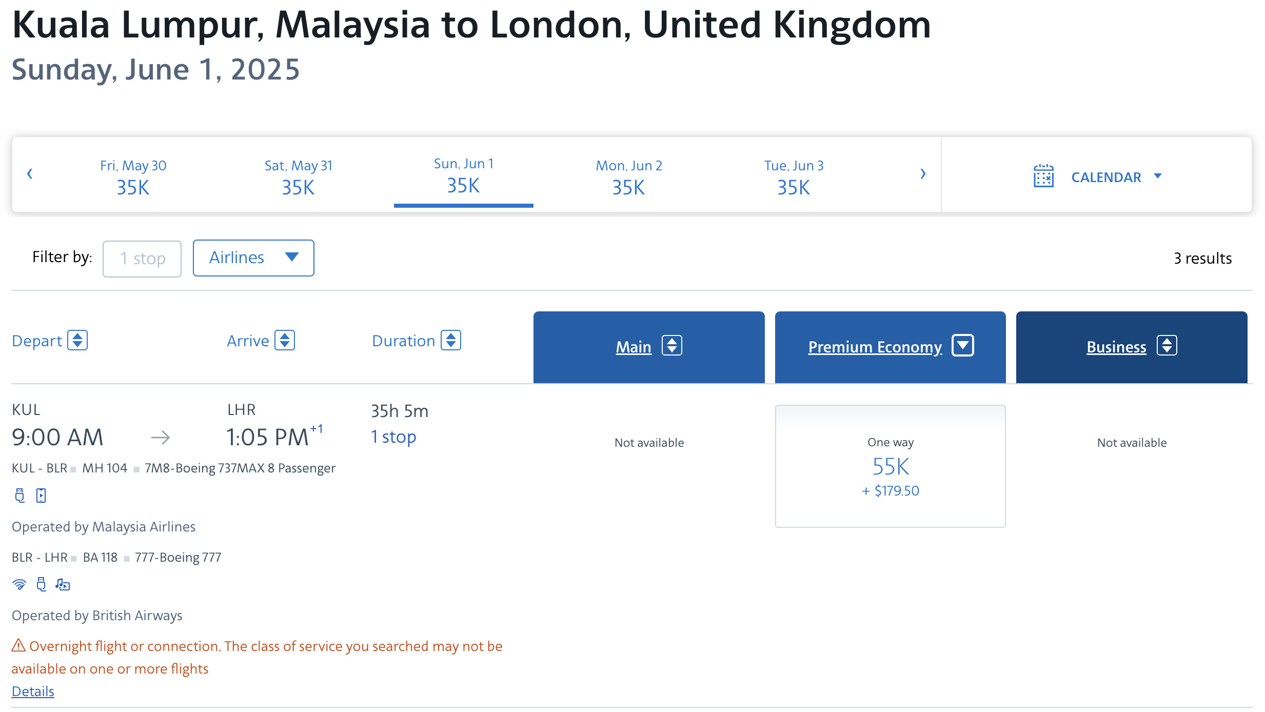 Malaysia Airlines business class seat, representing travel options within Asia and beyond using AA travel partners.
