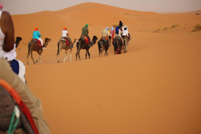 Experience camel rides at sunset in the Sahara Desert, a quintessential Moroccan adventure