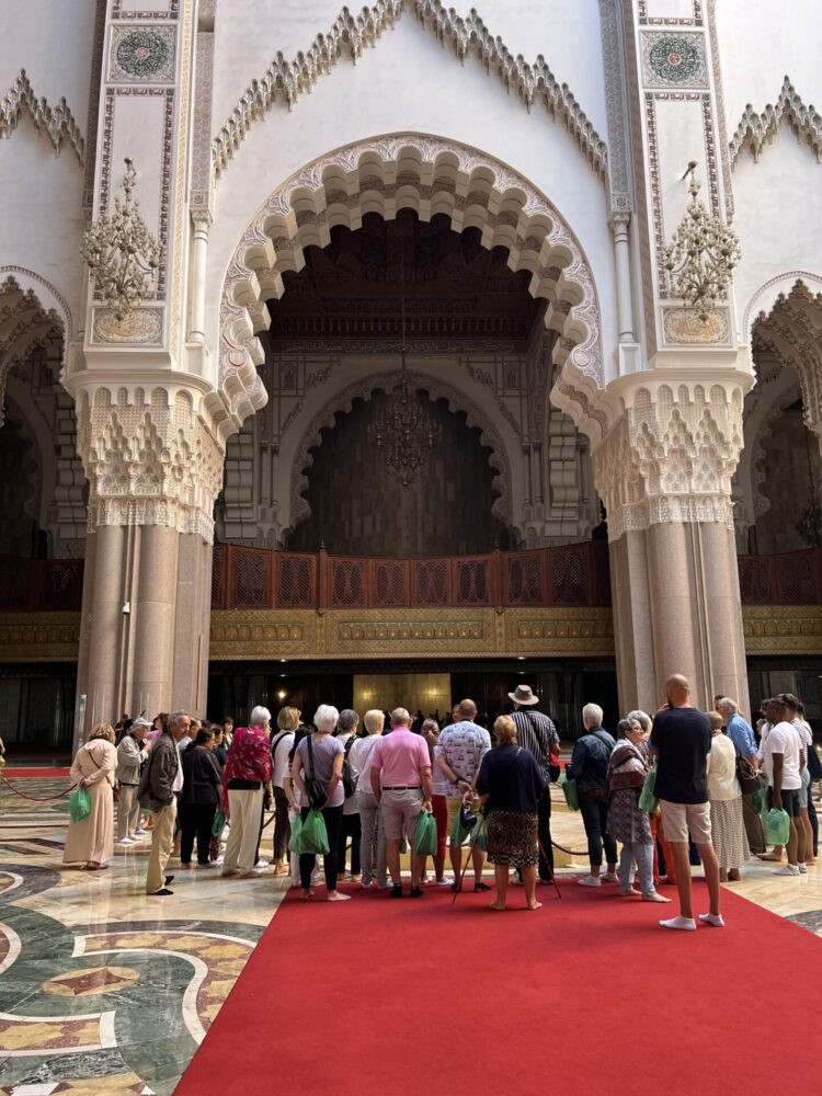 Inside the Hassan II Mosque in Casablanca, showcasing the intricate details and grandeur of Moroccan religious architecture