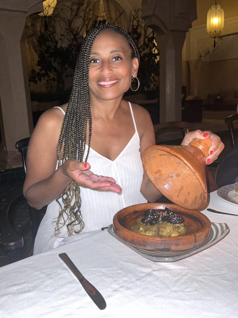 A delicious Tagine meal with beef and prunes, showcasing the traditional Moroccan cooking method