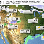 Nikki Nolan of CBS News delivering a weather forecast on Wednesday, displayed on a television screen, indicating potential winter storm impacts across the US for Thanksgiving.