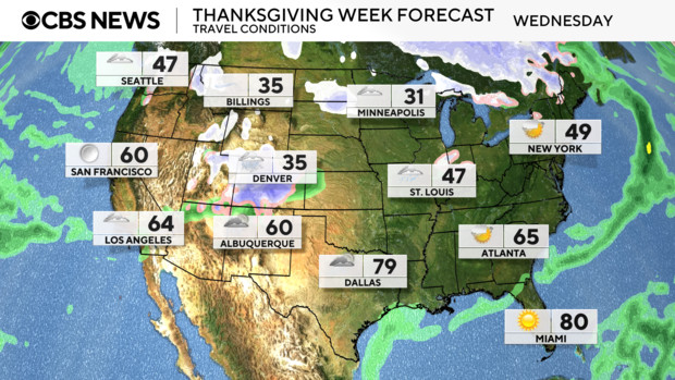 Nikki Nolan of CBS News delivering a weather forecast on Wednesday, displayed on a television screen, indicating potential winter storm impacts across the US for Thanksgiving.