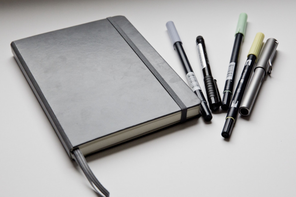 A5 black notebook with ribbon markers and pens
