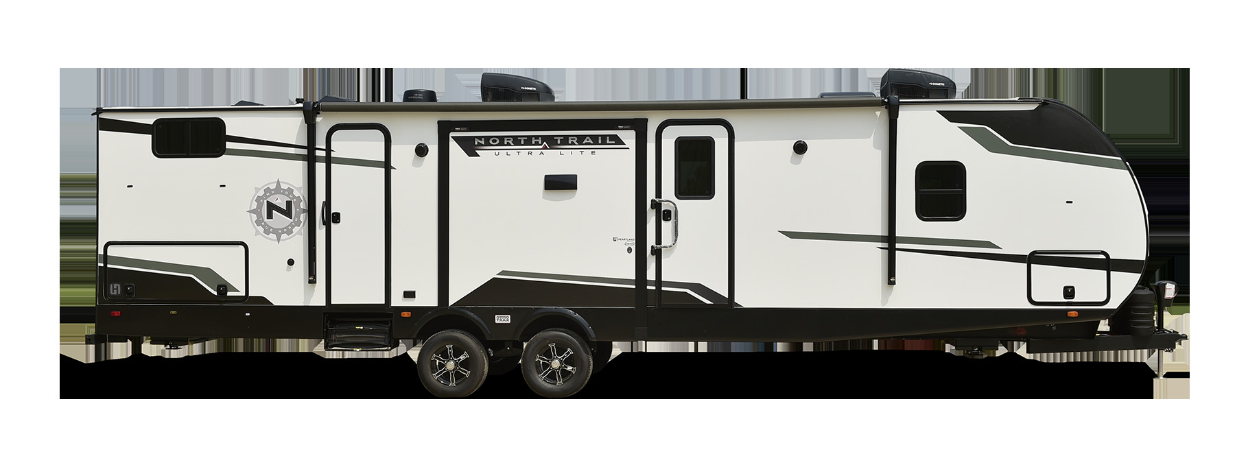 Side view of the sleek 2025 NT-24 RV, highlighting its modern exterior, large windows, and durable construction.