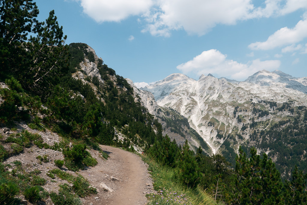 Dramatic Albanian Alps scenery with a winding hiking trail