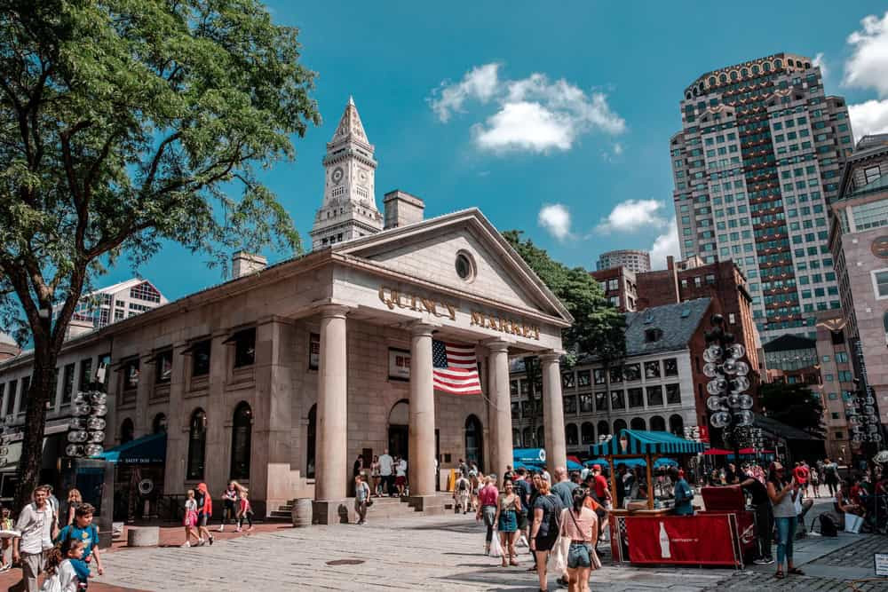 Historic Quincy Market in Boston, bustling with summer activity in July