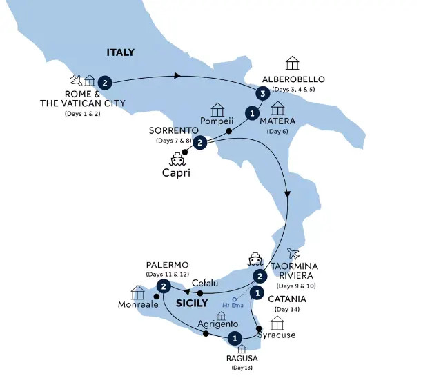rome southern italy sicily itinerary map