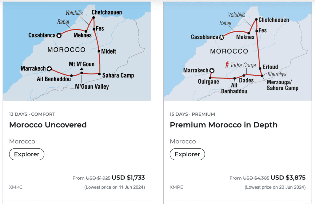 Side-by-side comparison of Morocco Comfort vs Premium tours, highlighting key differences and similarities.