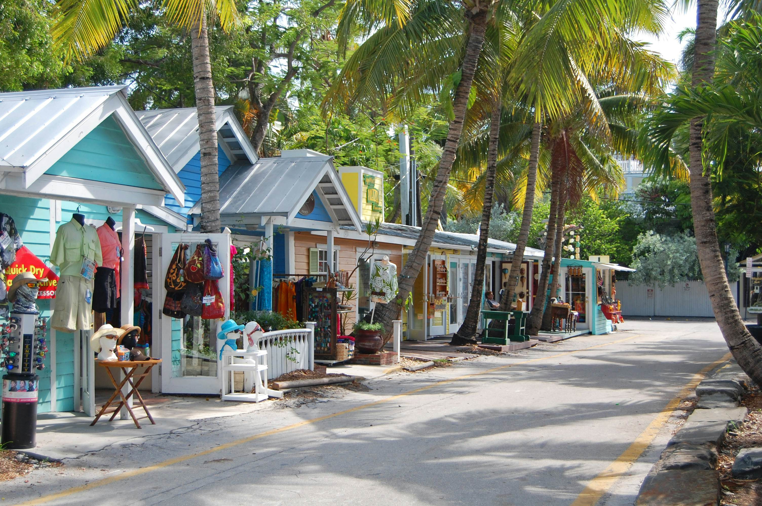 A row of small shops selling souvenirs and beach equipment in Florida