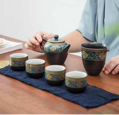 Elegant ceramic travel tea set with bamboo handle teapot and cups