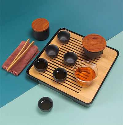Portable travel tea set in protective carry case with tea towel