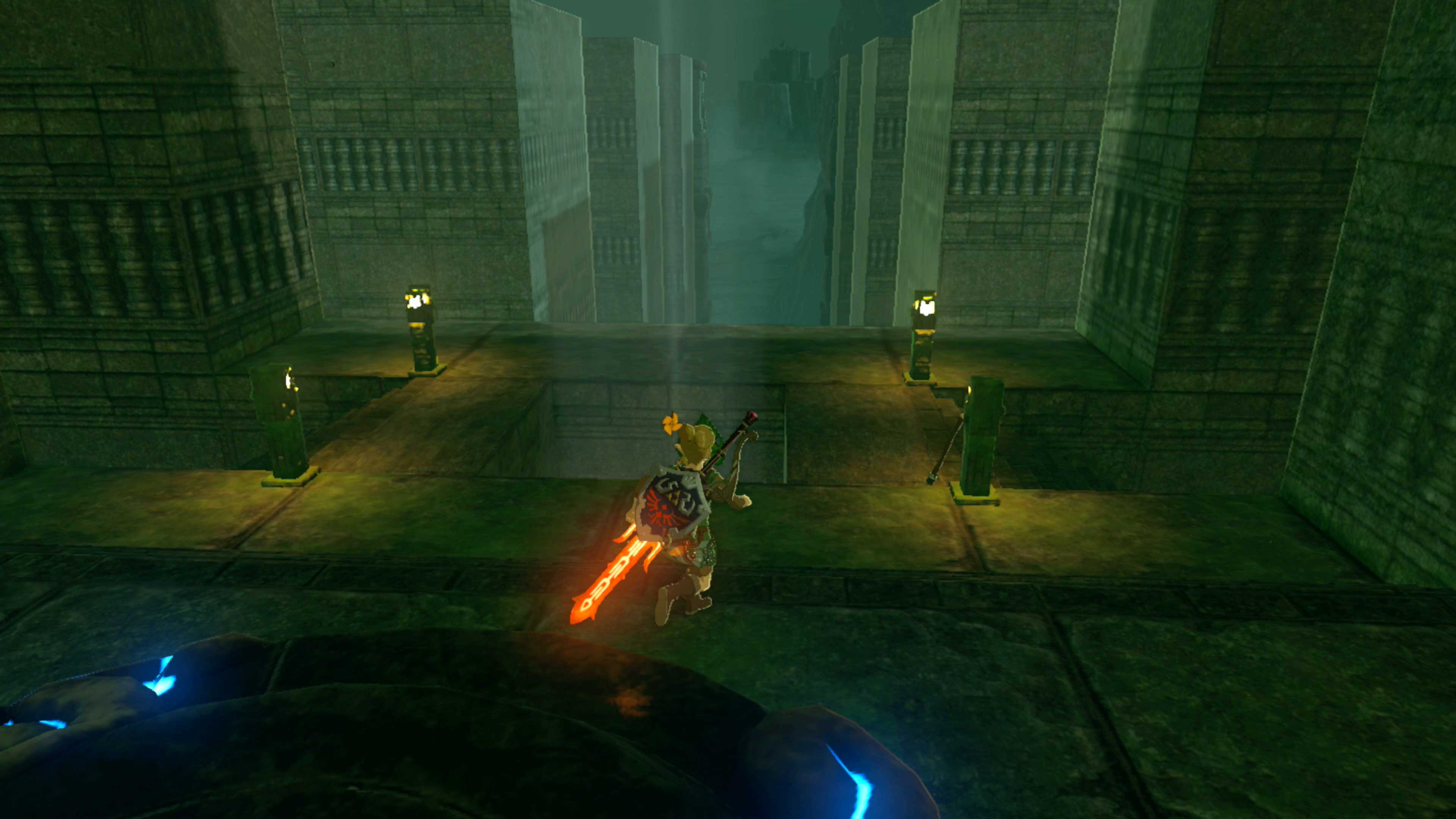 Link gliding into the hole near Tu Ka'loh shrine, leading to the Travel Medallion chamber.