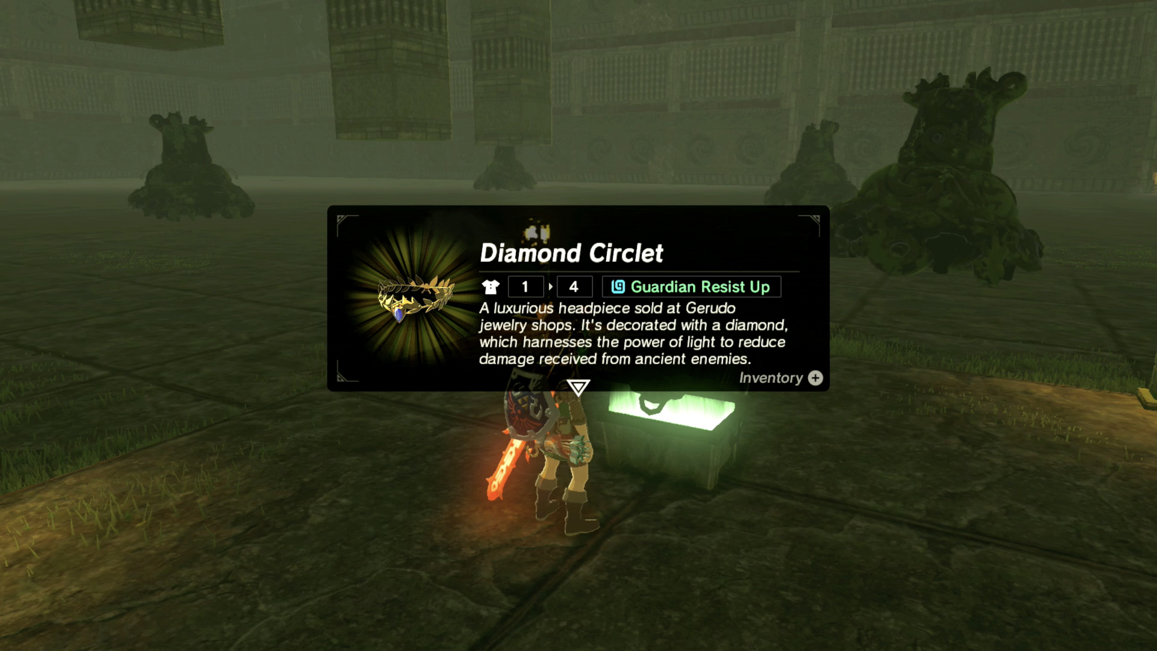Link battling Guardians in the Travel Medallion chamber, utilizing cover and Ancient Arrows.
