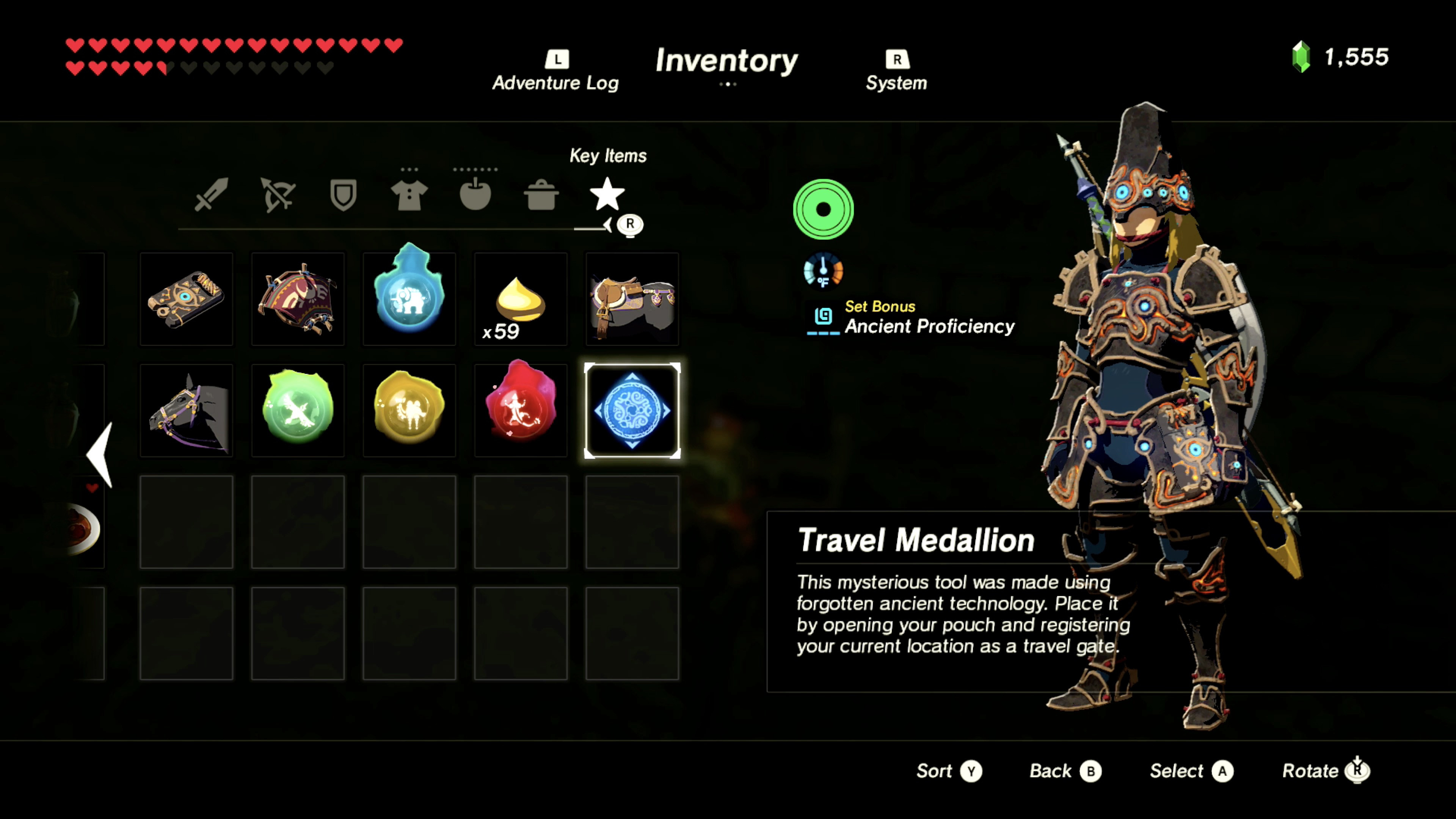 The Travel Medallion in Link's inventory, ready to be used for custom fast travel points.