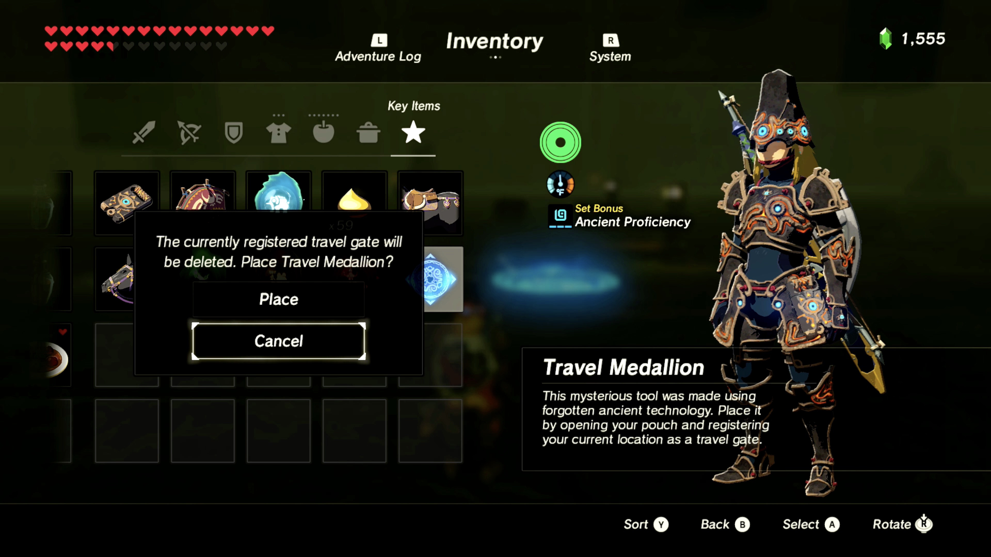 Placing the Travel Medallion on the ground to create a custom fast travel point in Breath of the Wild.