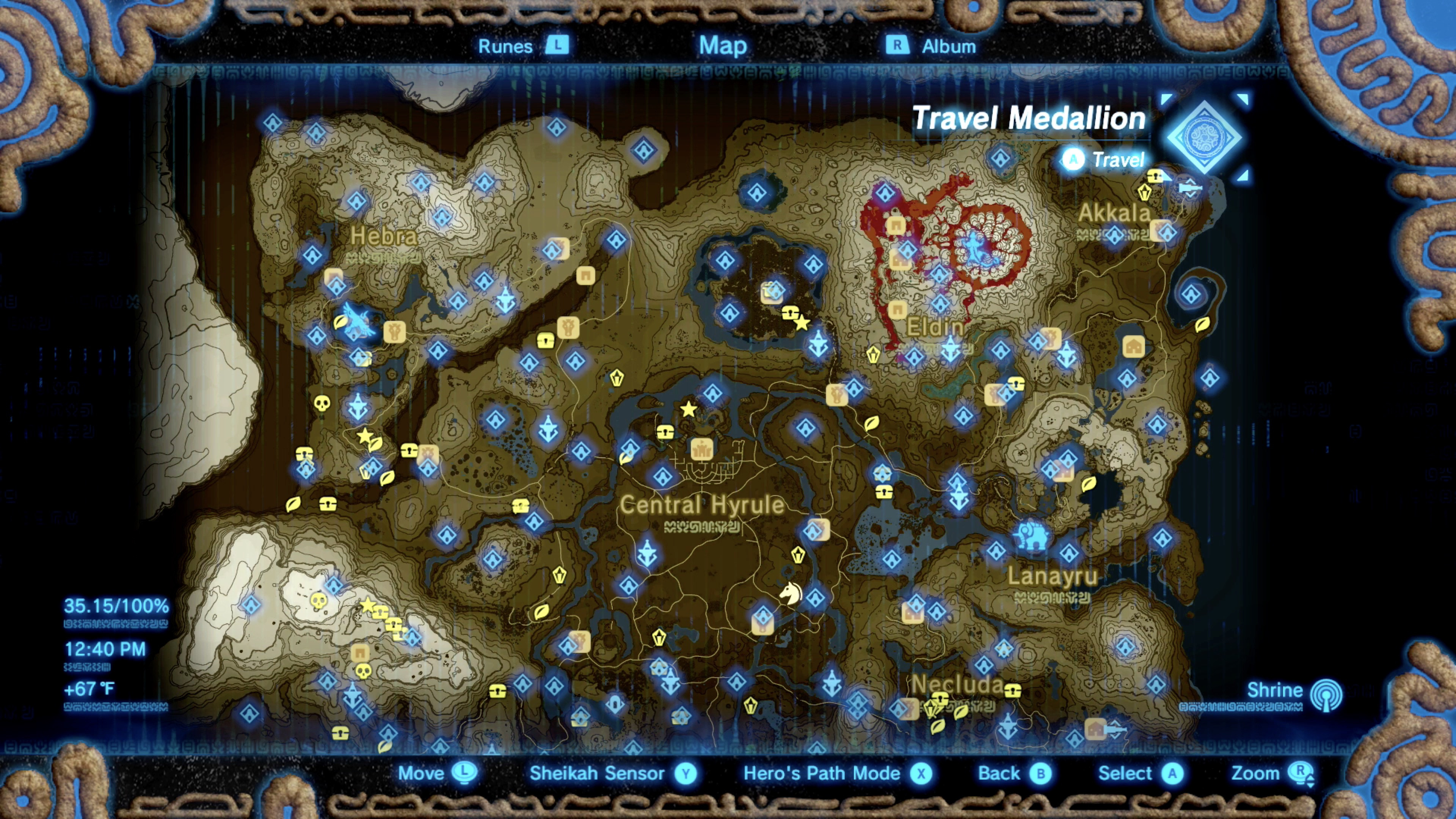 The Travel Medallion icon on the map, indicating a custom fast travel point is active.