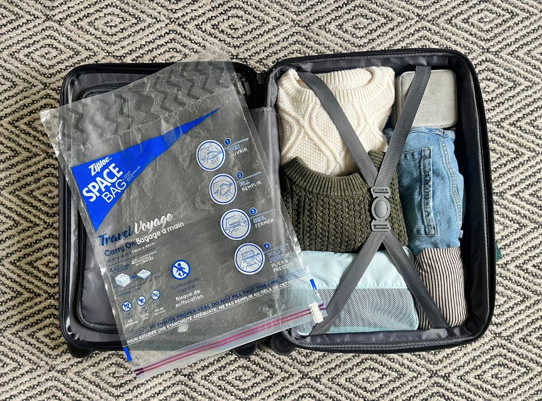 Close-up of vacuum packing bags for travel demonstrating space saving and organization