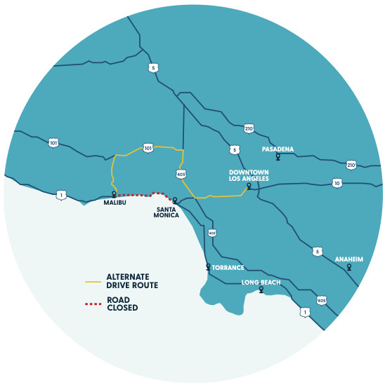 Map of road closures in Los Angeles due to wildfires