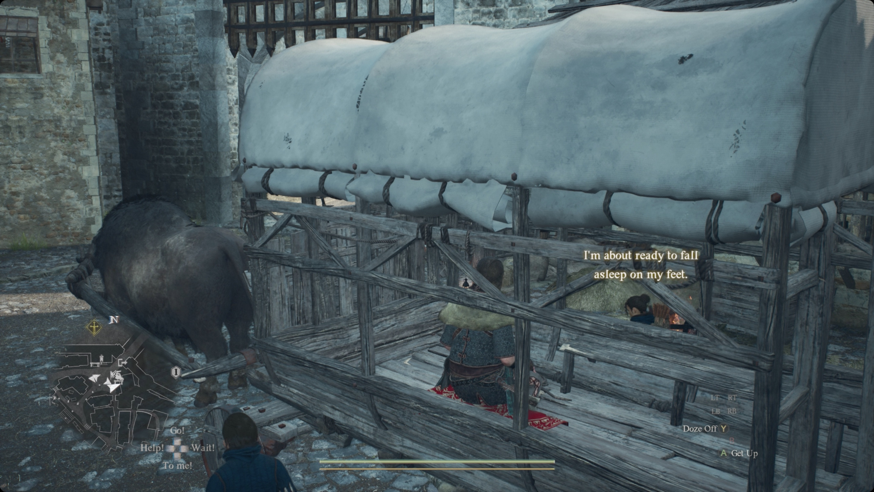 Dragon's Dogma 2 player sitting in an oxcart