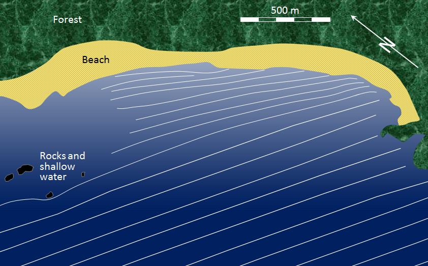 Waves approaching the shore of Long Beach in Pacific Rim National Park. As the waves (depicted by white lines) approach shore, they are refracted to become more parallel to the beach, and their wavelength decreases. [SE]