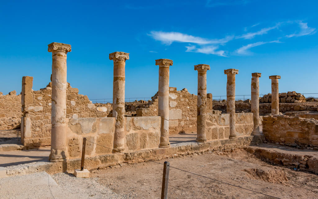 Roman columns against a blue sky in Paphos, Cyprus