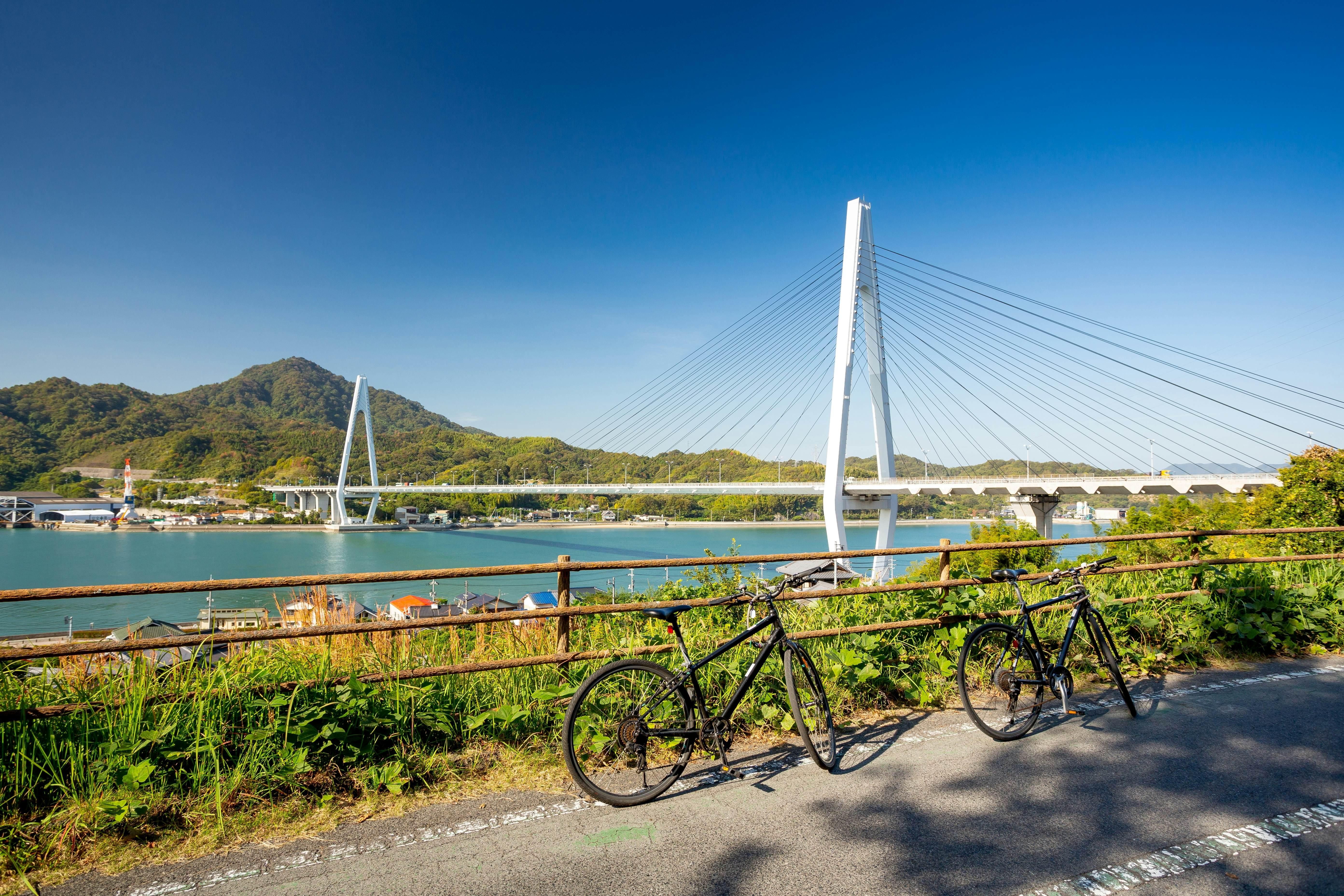 Bicycles on the Shimanami Kaido cycle route in Setouchi, Japan