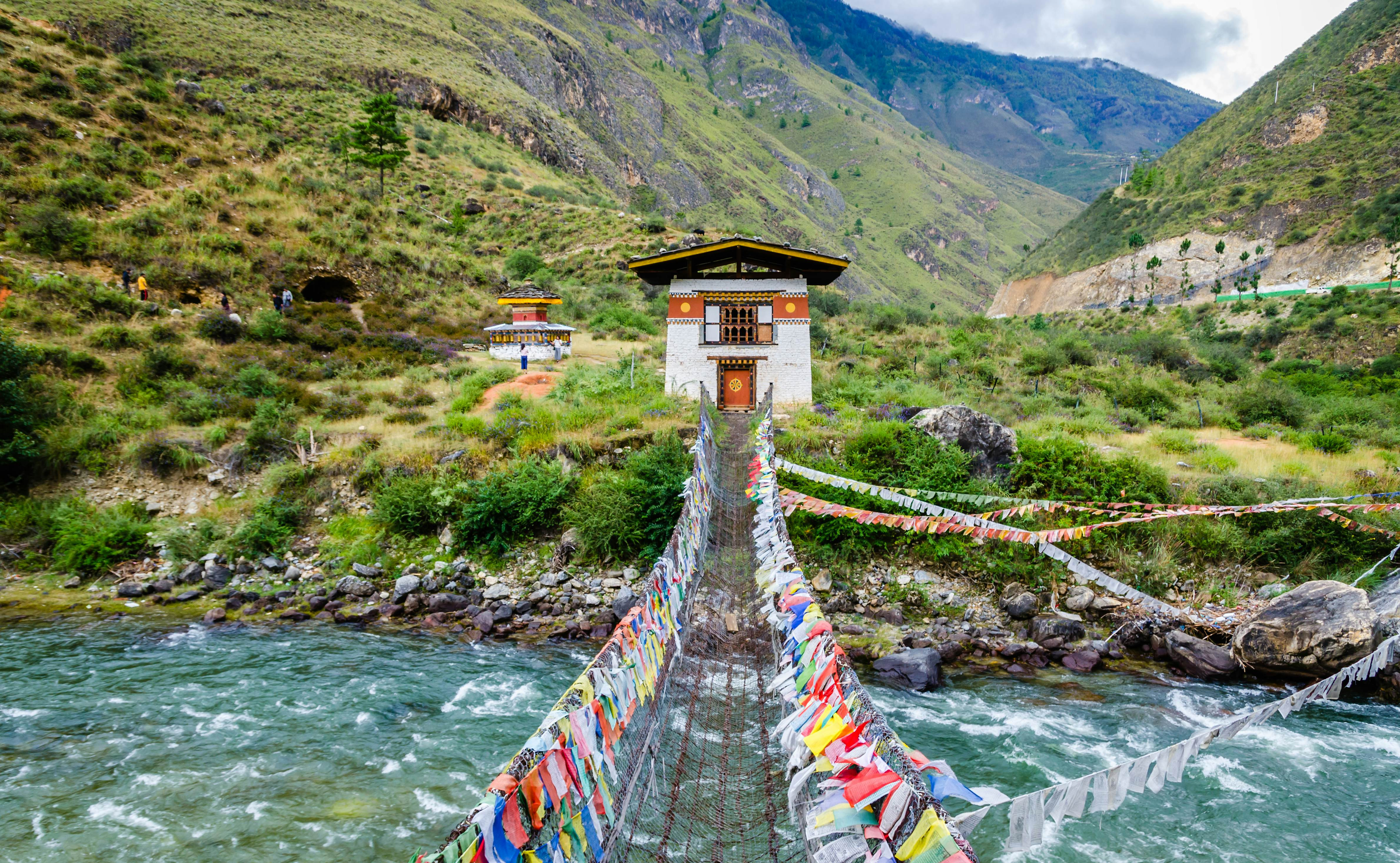 A bridge with colorful flags in Paro, Bhutan