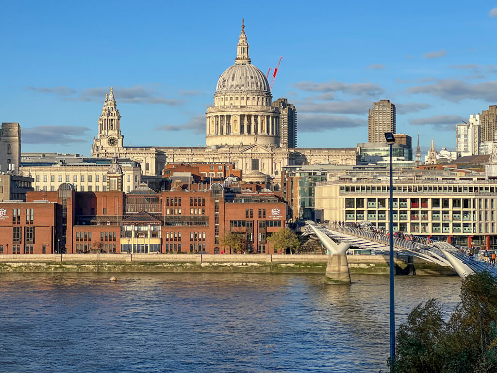 St Paul's Cathedral and the Millennium Bridge from Tate Modern, November 2023